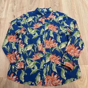 J McLaughlin Top Women's XL Blue Peony Bloom Lois Shirt Button Up Blouse Cotton